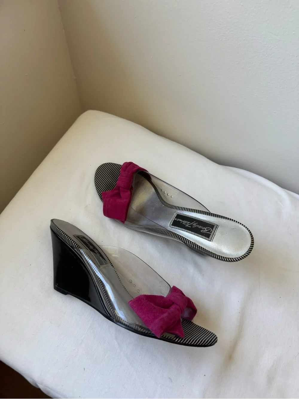 Y2K Beverly Feldman Pink Bow Clear Slingback Heels Retro Statement Shoes Size7.5